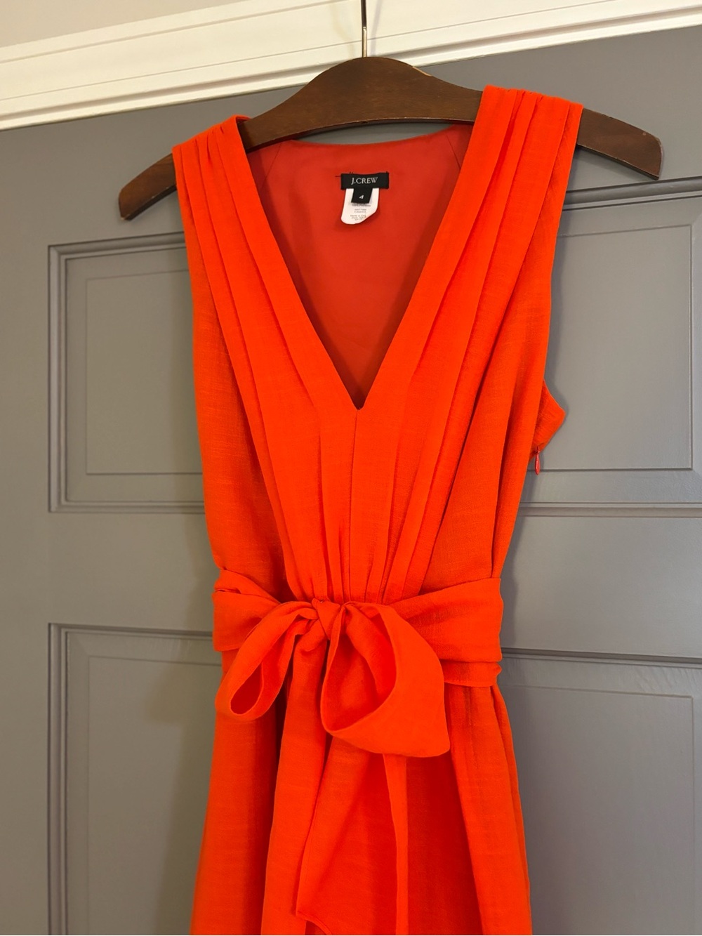 J. Crew Women's Bright Orange V-Neck Tie-Waist Dress Linen Feel Size 4